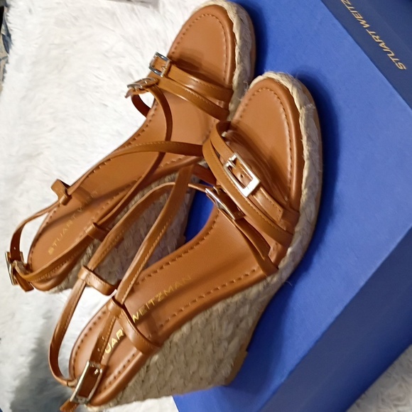 New Georgie Stuart Weitzman Tan Brown Wedge Espadrille Sandals SZ 6.5 - Picture 9 of 16